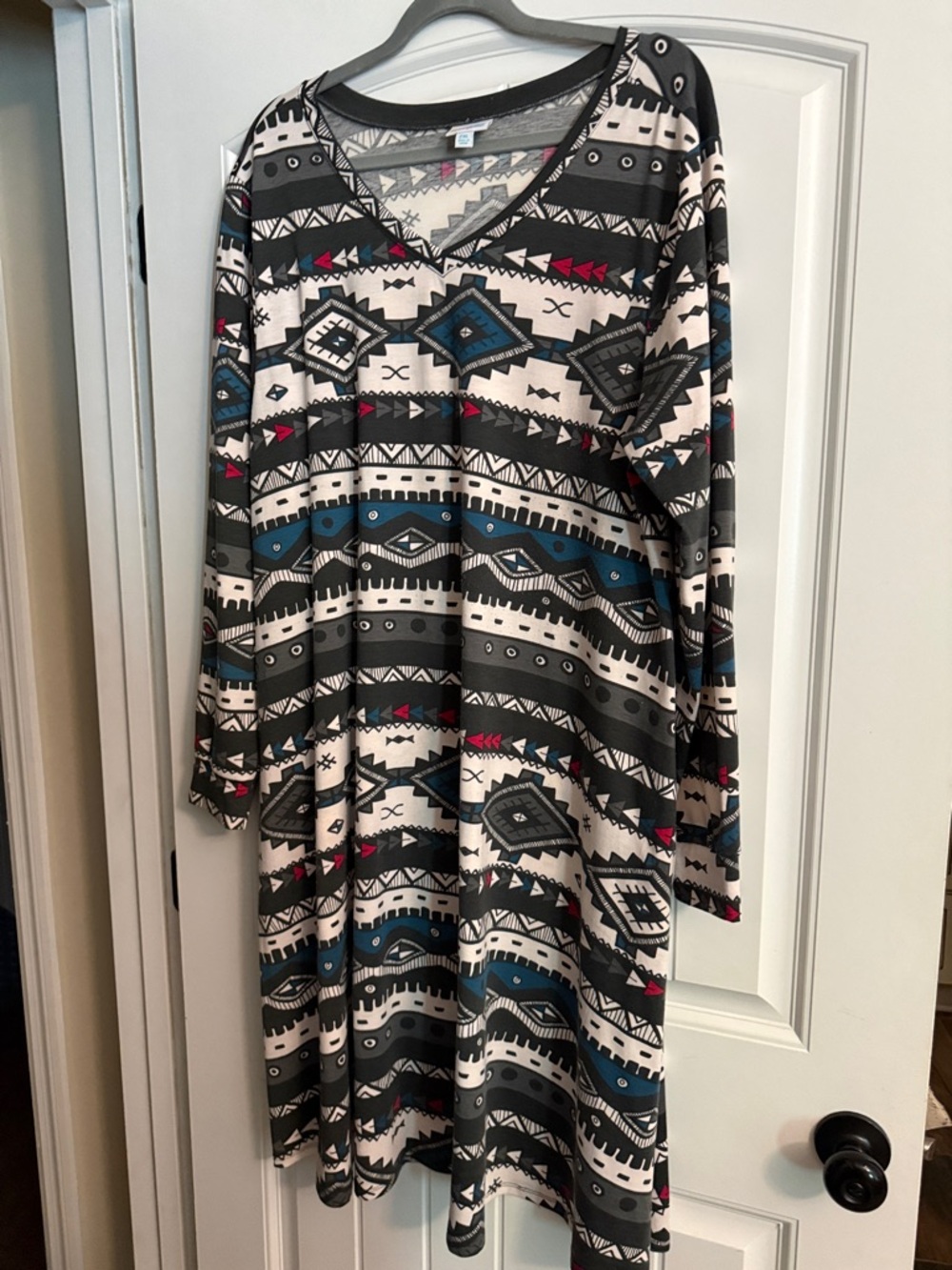 LuLaRoe Black, Cream & Teal Aztec Long Sleeve Dress